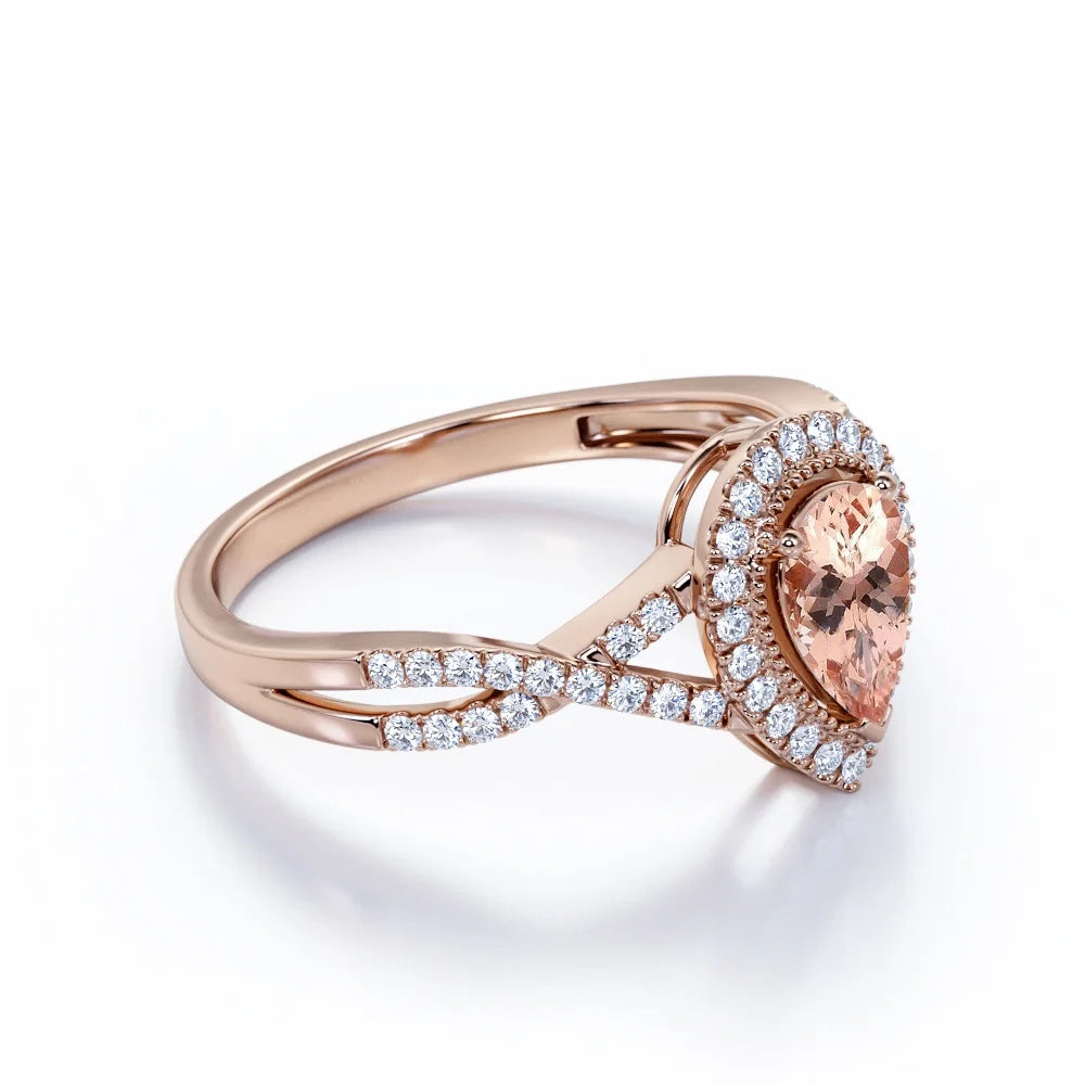 1.75 Carat Pear Cut Created Morganite and Moissanite Engagement Ring in 18k Gold Over Sterling Silver J542