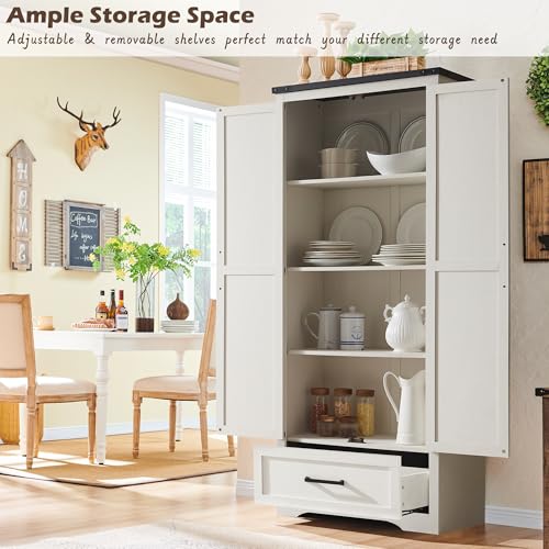 White 72" Tall Wood Rustic Storage Cabinet with Adjustable Shelves and Drawer A2506