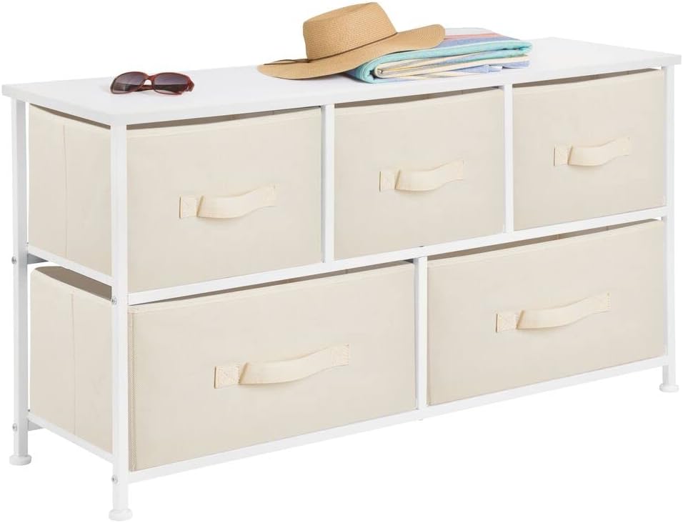 5 Removable Fabric Drawers Pink White Steel Frame Wood Top Toy Storage Dresser V292