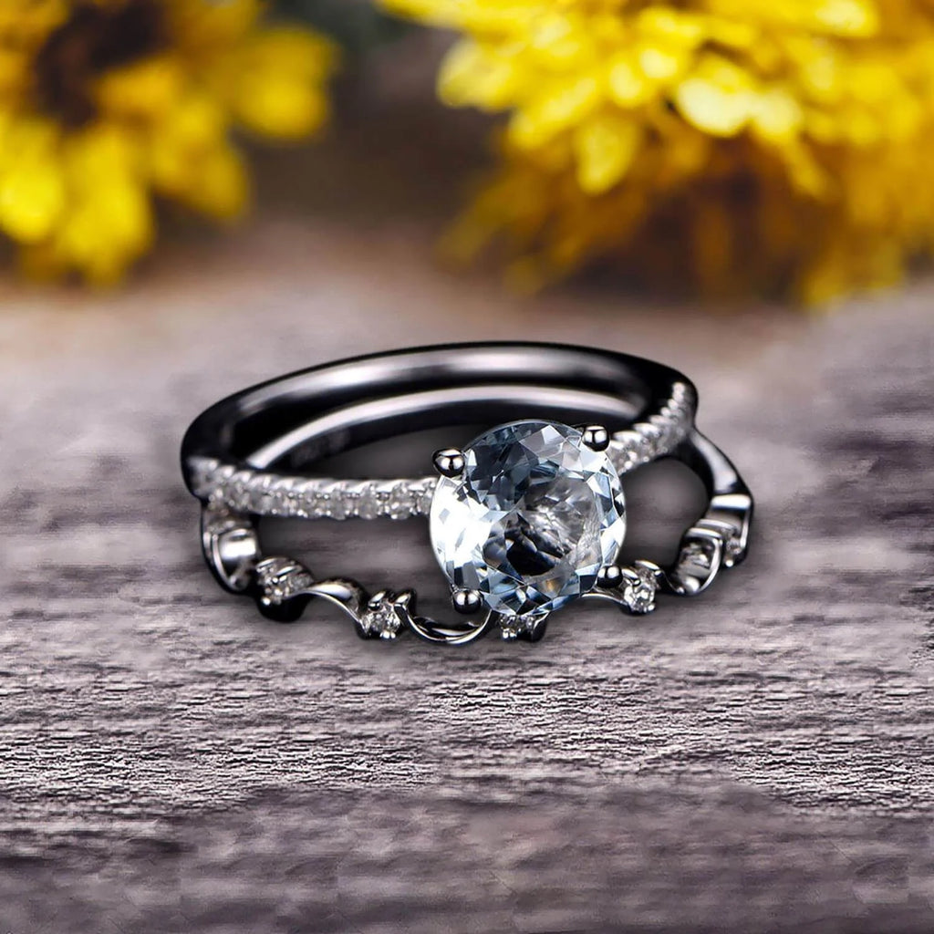 2 Carat 6mm Round Cut Blue Aquamarine Engagement Ring on 10k White Gold W801
