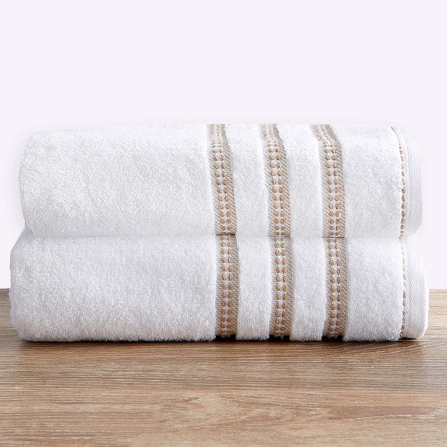 6 Piece Set White Tan Cotton Bath Towels N4013
