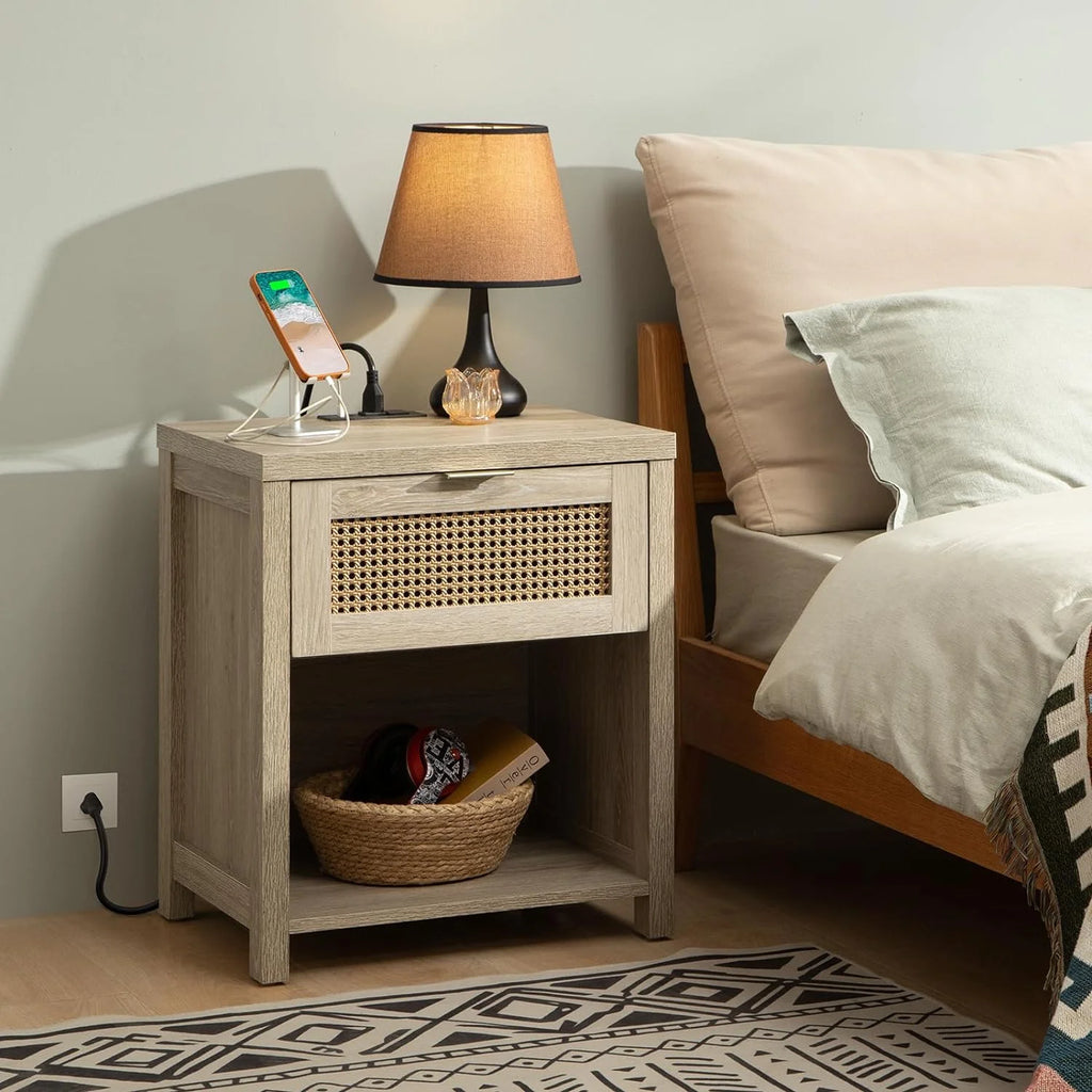 Farmhouse Nightstand with Charging Station Wood Drawer Accent Bedside Table with USB Ports Outlets End Table E5494