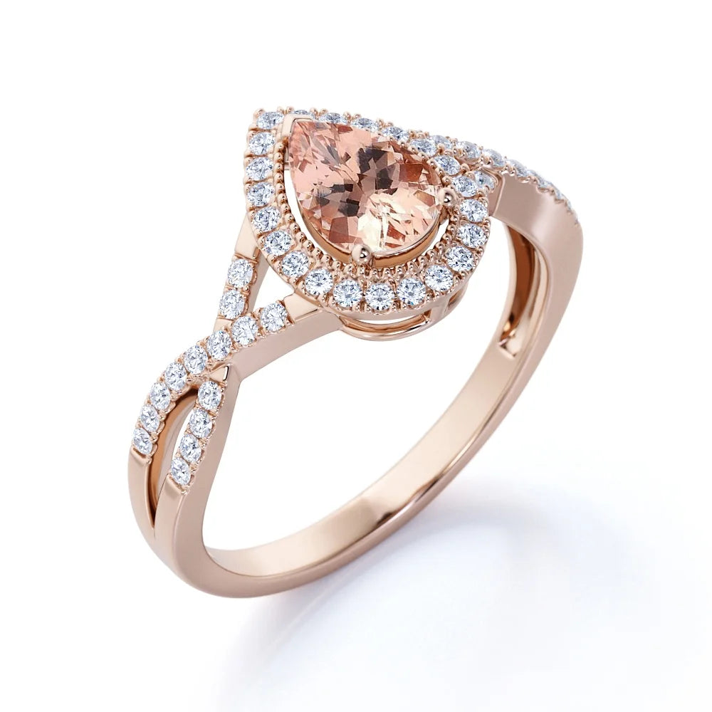 1.75 Carat Pear Cut Created Morganite and Moissanite Engagement Ring in 18k Gold Over Sterling Silver J542
