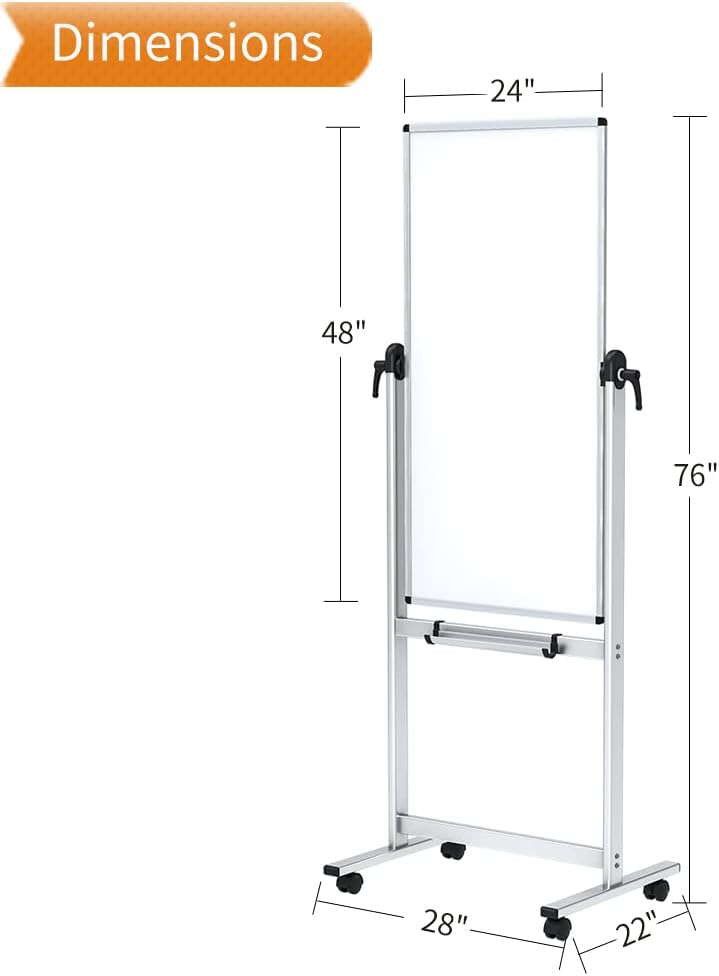 Double-sided Magnetic Mobile Whiteboard, 48 x 24 Inches, Aluminium Frame and Stand S53282