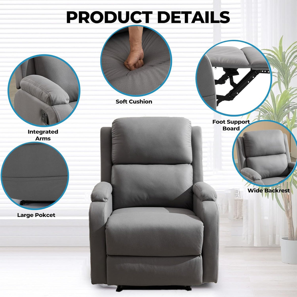 Leather Recliner Chair with Adjustable Backrest R95297
