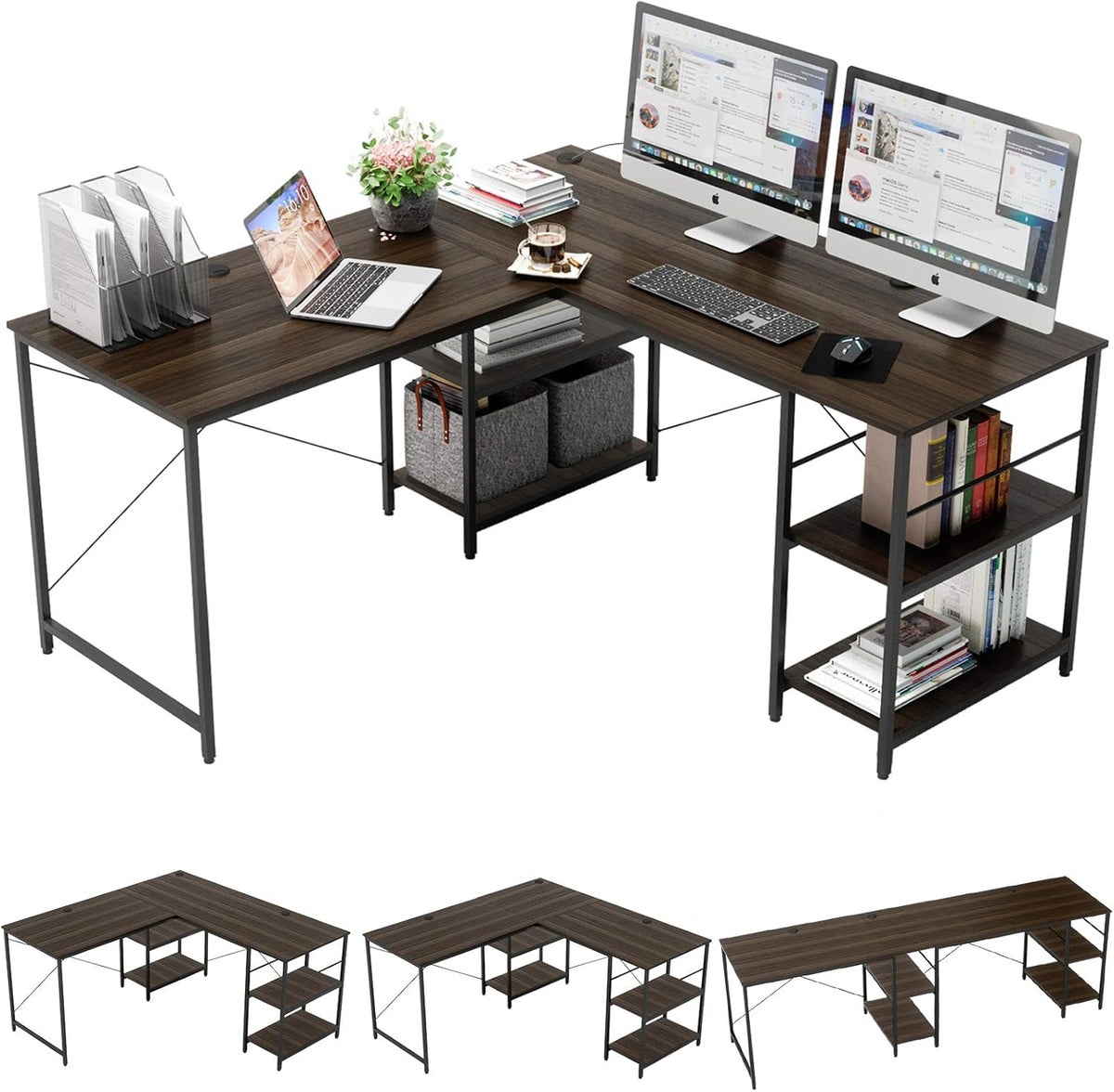 Rustic Brown L Shaped Desk with Shelves F74291