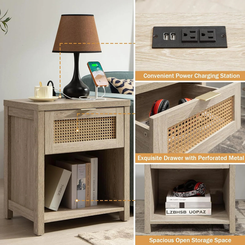 Farmhouse Nightstand with Charging Station Wood Drawer Accent Bedside Table with USB Ports Outlets End Table E5494