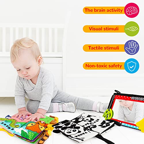 Tummy Time Mirror with Soft Crinkle 3D Cloth Book and Teethers Toys, Black and White Sensory Toys J92954