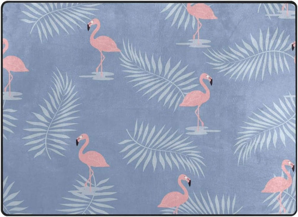 Pink Flamingo with Palm Leaves Lightweight Area Rug U886452