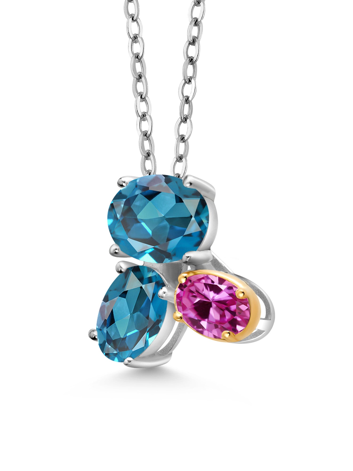 925 Silver 10K Yellow Gold London Blue Topaz Pink Created Sapphire Pendant Necklace 3.00 Cttw Oval 8X6MM 7X5MM 6X4MM 18 inch Chain R7215