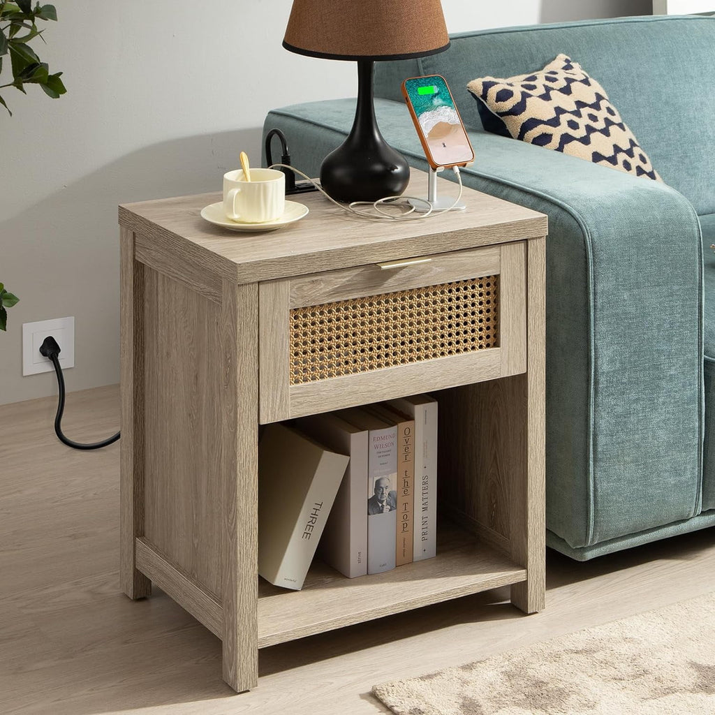 Farmhouse Nightstand with Charging Station Wood Drawer Accent Bedside Table with USB Ports Outlets End Table E5494