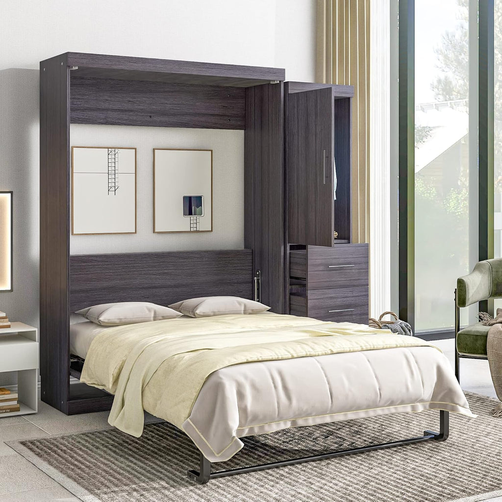 Full Size Wood Murphy Bed with Wardrobe and Drawers Y196