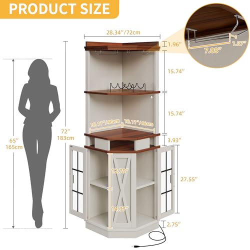 72" Tall White Corner Bar Cabinet with Glass Door I91372