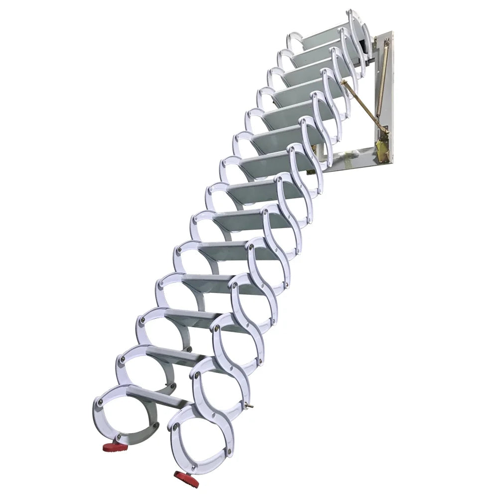 White 11.5ft 14 Steps Wall Mounted Folding Ladder Stairs D146451