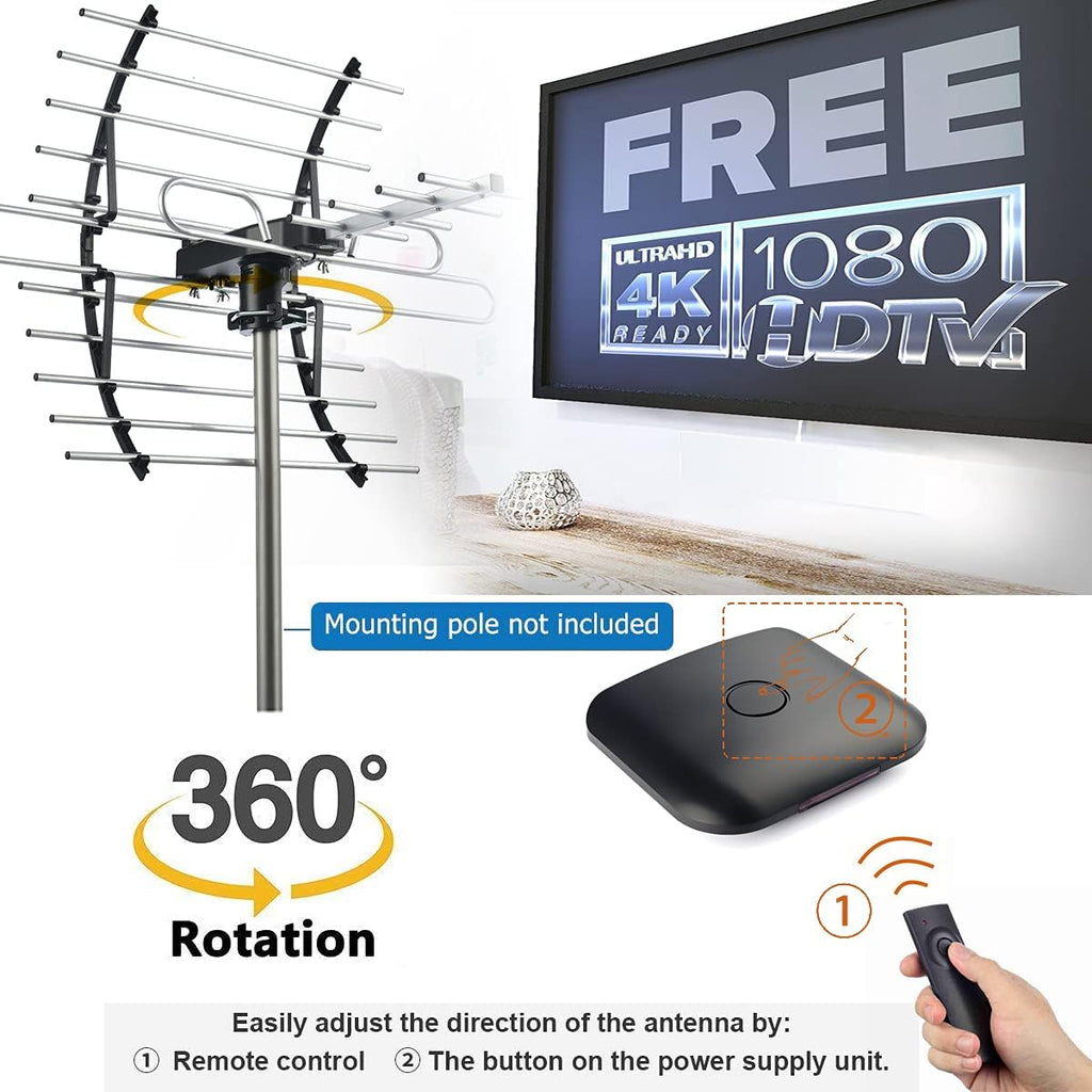 Digital HD TV Antenna, Outdoor Attic Antenna, 360 Degree Rotation Wireless Remote, 200 Miles Range, 4K 1080P VHF UHF I2360