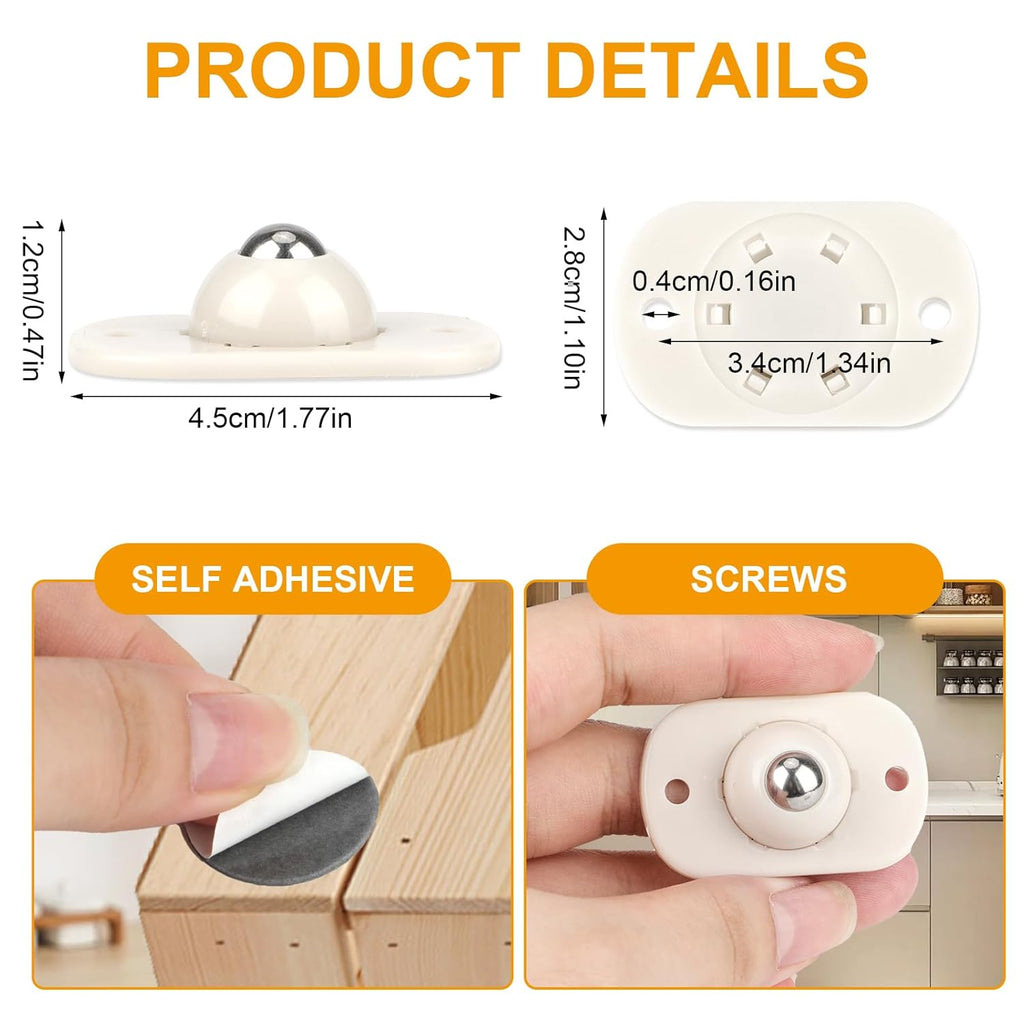 White Self-Adhesive Mini Caster Wheels (8 Pack), 360° Swivel Sticky Pulleys M994