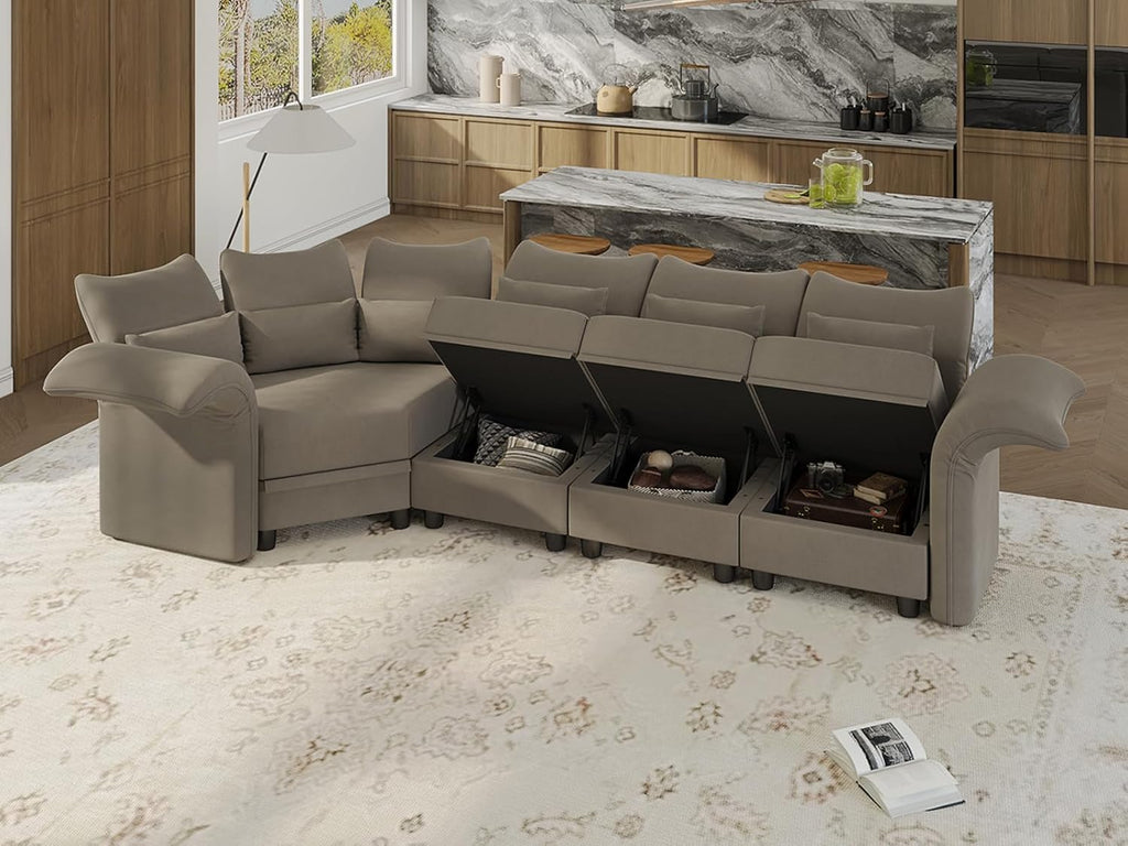 Brown Velvet Modular Sectional Sofa L Shaped Corner Couch with Storage Chaise V494