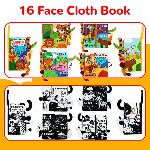Tummy Time Mirror with Soft Crinkle 3D Cloth Book and Teethers Toys, Black and White Sensory Toys J92954