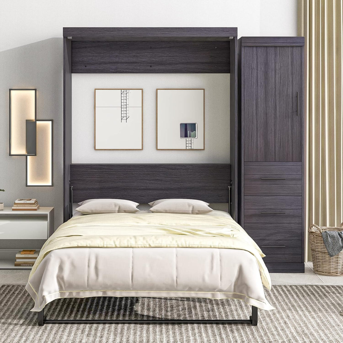 Full Size Wood Murphy Bed with Wardrobe and Drawers Y196