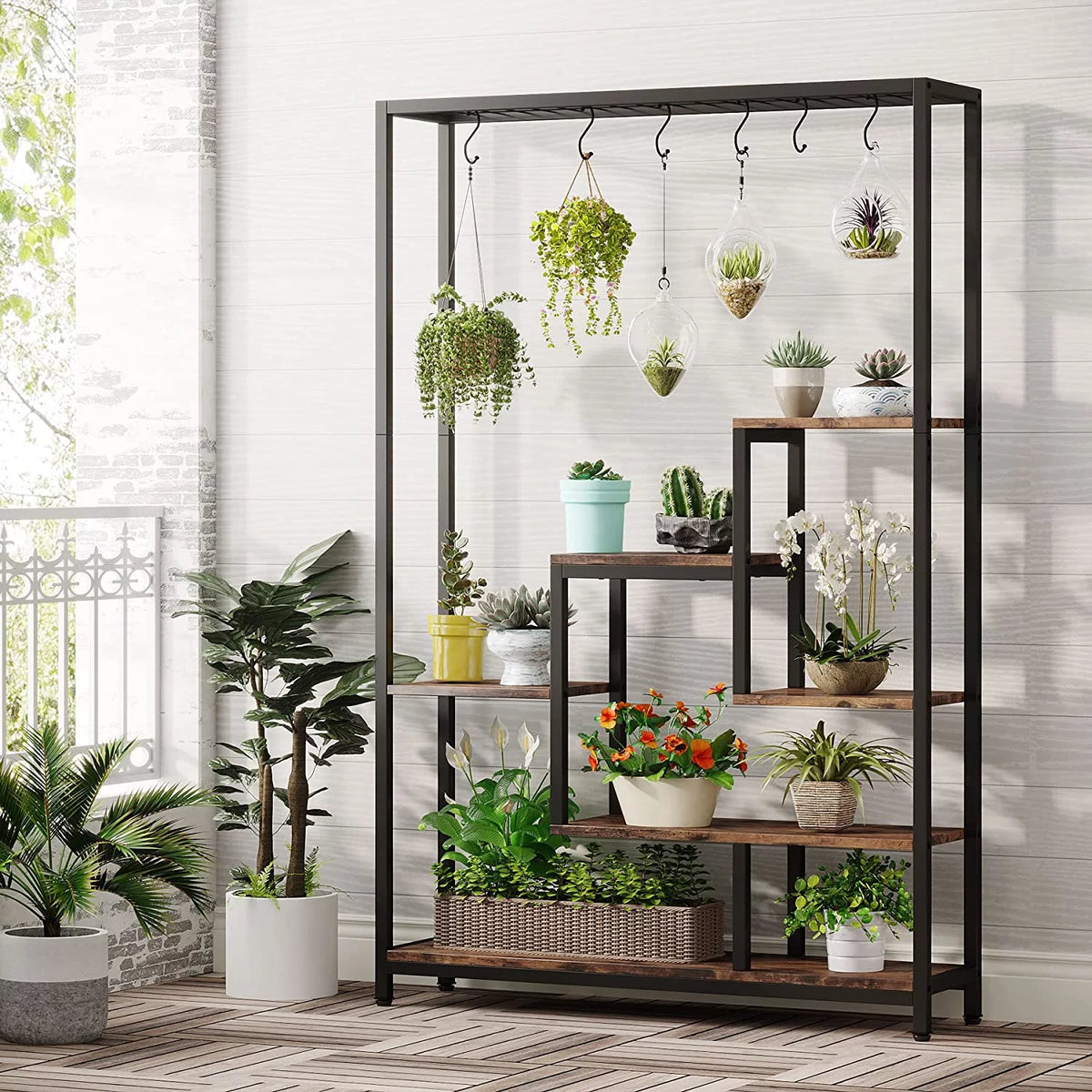5-Tier Metal Plant Stand with 10 Hanging Hooks L76930