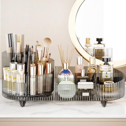 3 Layer Rotating Makeup Organizer with Brush Holder and Drawer (White) Y841