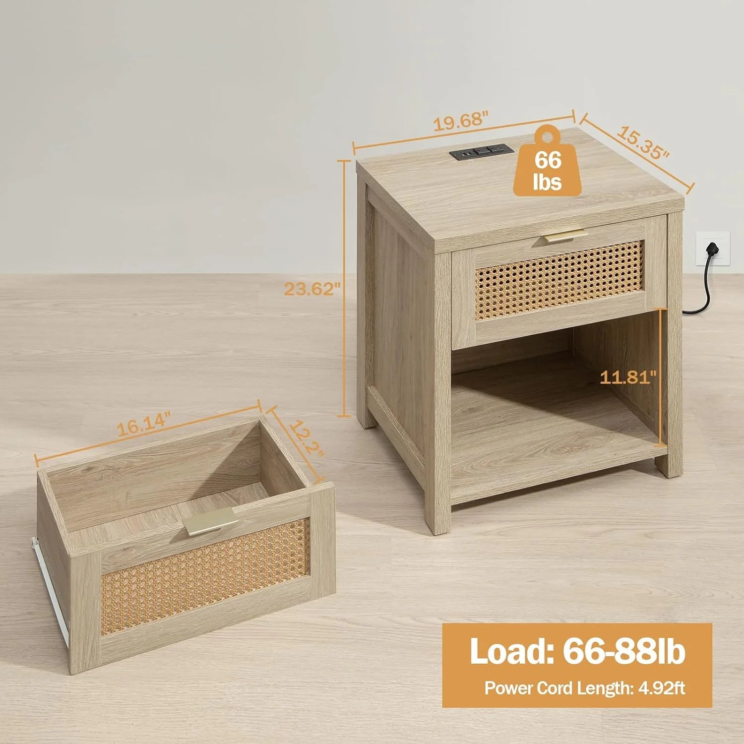 Farmhouse Nightstand with Charging Station Wood Drawer Accent Bedside Table with USB Ports Outlets End Table E5494