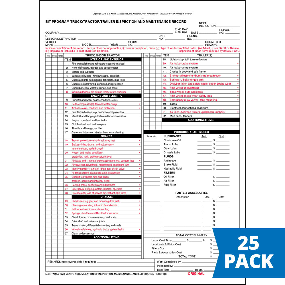 Tractor Trailer Truck Inspection Maintenance Record Form 25-pk Snap-Out 3-Ply Carbon 8.5" x 11.75" R473582
