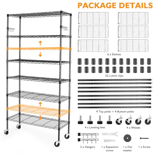 Black 6 Tier Adjustable Metal Wire Shelving Rack with Wheels I971