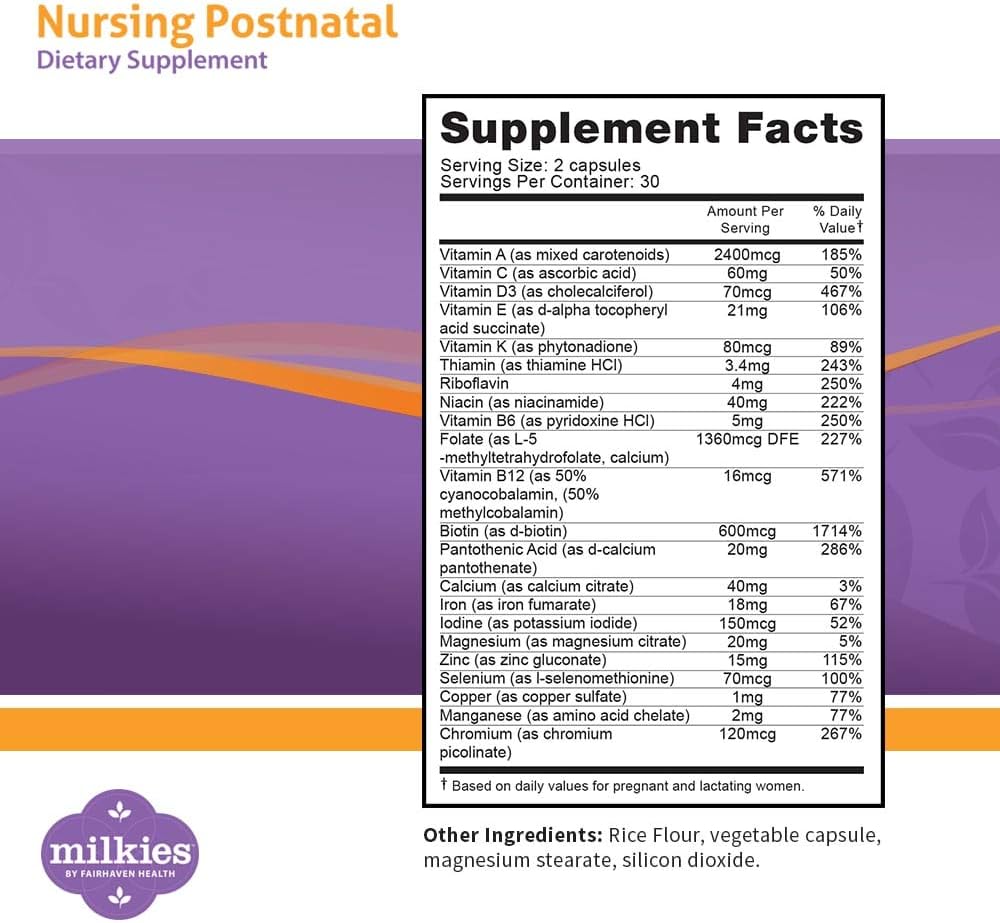 Nursing Postnatal Vegetarian Supplement with Vitamin D and B, Gluten and Dairy Free - 1 Month Supply V70194
