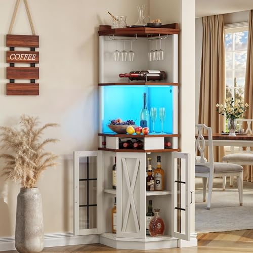 72" Tall White Corner Bar Cabinet with Glass Door I91372