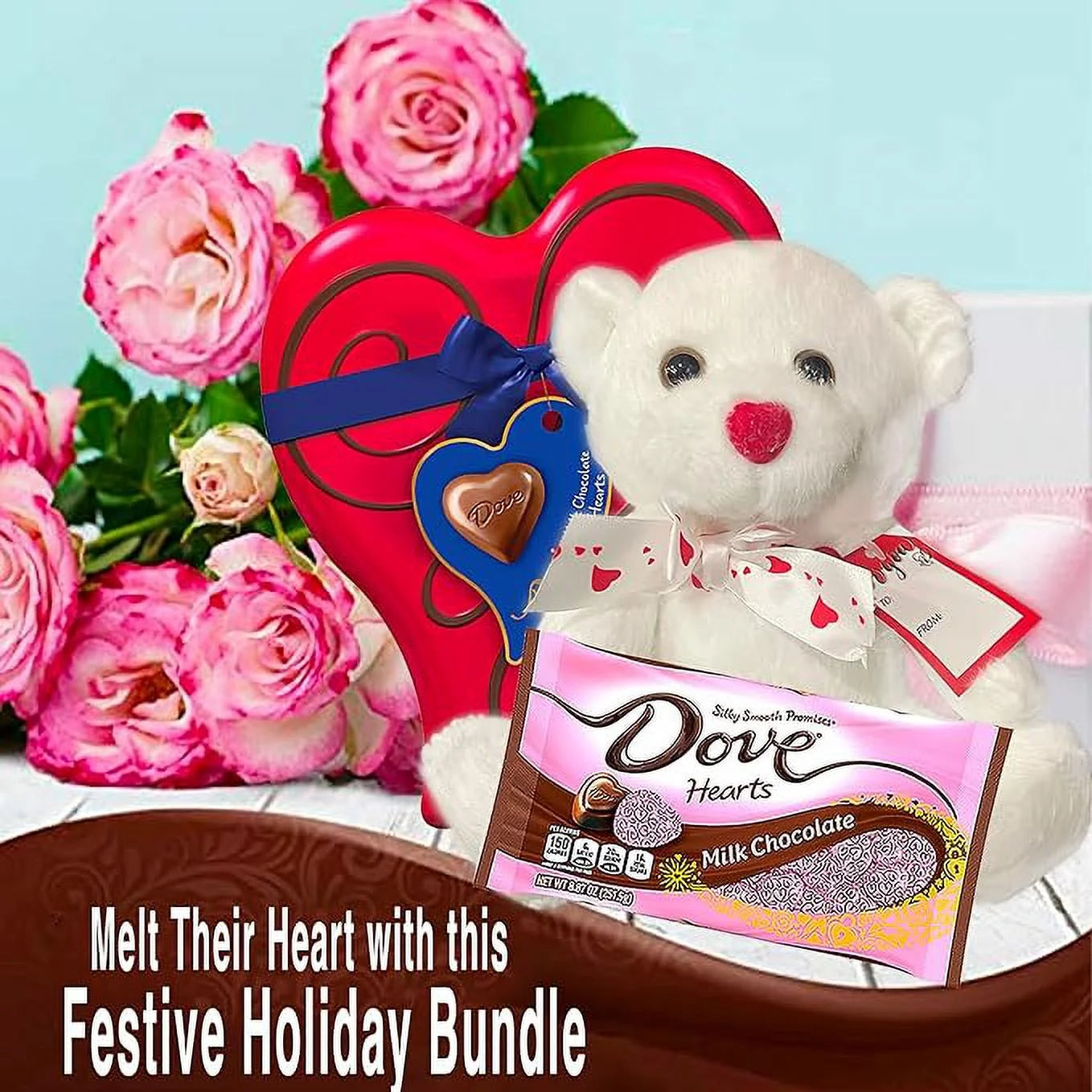 Milk Chocolate Candy Heart Tin, Milk Chocolate Bag and White Teddy Bear M501