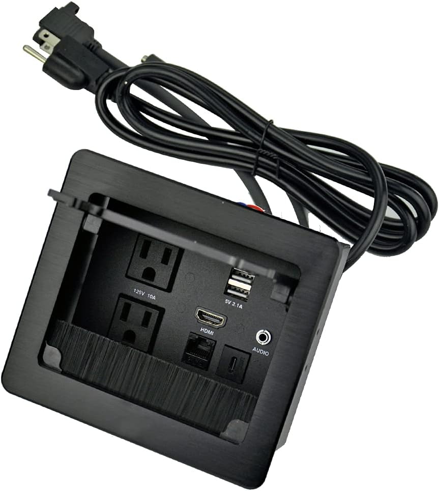 Black Tabletop Connectivity Box with 2 AC Power + 2 USB Charger + HDMI + 3.5mm Audio + USB-C Data + RJ45 Pack of 2 Y4347