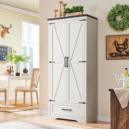 White 72" Tall Wood Rustic Storage Cabinet with Adjustable Shelves and Drawer A2506