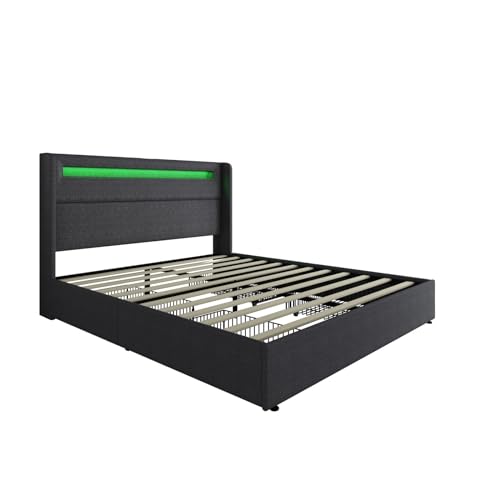 Queen LED Bed Frame with Wingback Headboard, Upholstered Platform Bed with 4 Storage Drawers & Charging Station, Dark Grey N7949