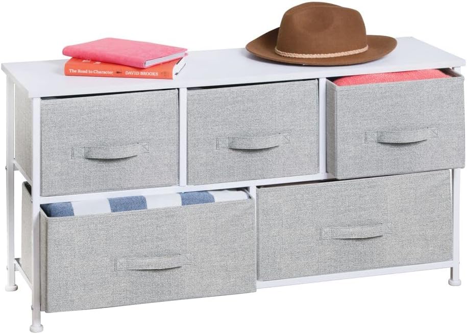 5 Removable Fabric Drawers Pink White Steel Frame Wood Top Toy Storage Dresser V292