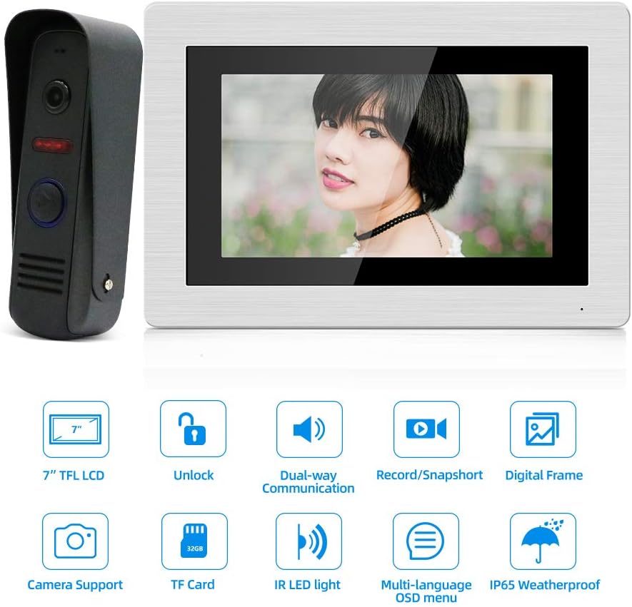 7 LCD Wired Video Doorbell Intercom System with IR Night Vision HD D908
