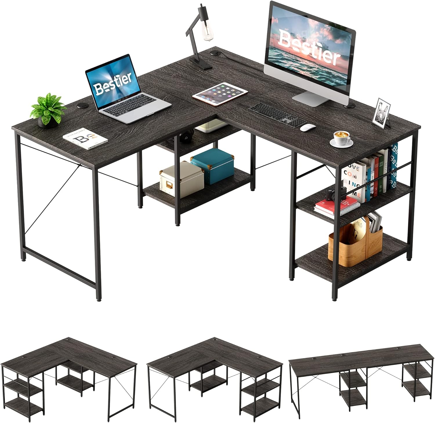 Rustic Brown L Shaped Desk with Shelves F74291