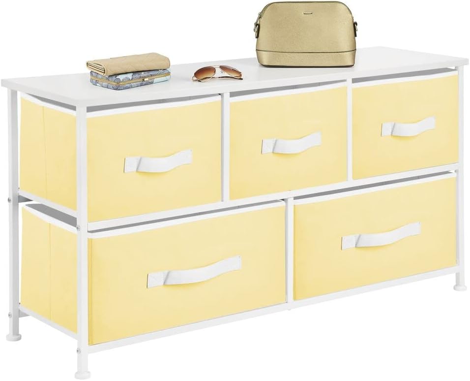 5 Removable Fabric Drawers Pink White Steel Frame Wood Top Toy Storage Dresser V292