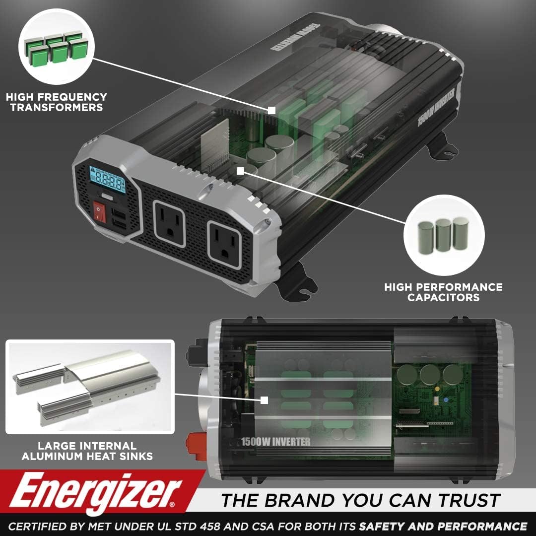 1500 Watts Modified Sine Wave Car Inverter, 12v to 110v, Two AC Outlets, Two USB Ports (2.4 Amp), DC to AC Converter C128