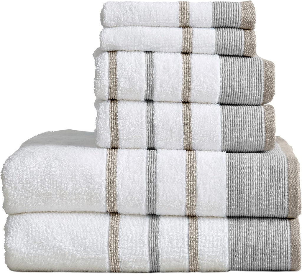 6 Piece Set White Tan Cotton Bath Towels N4013