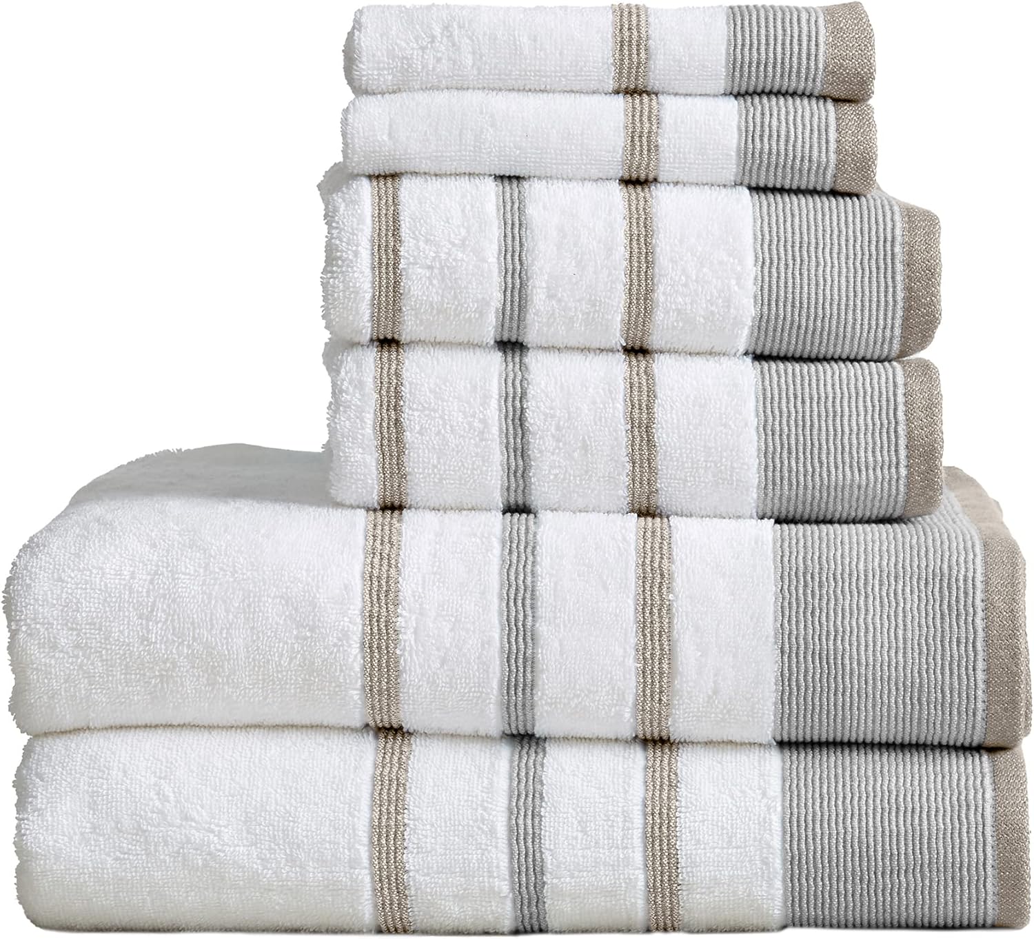 6 Piece Set White Tan Cotton Bath Towels N4013