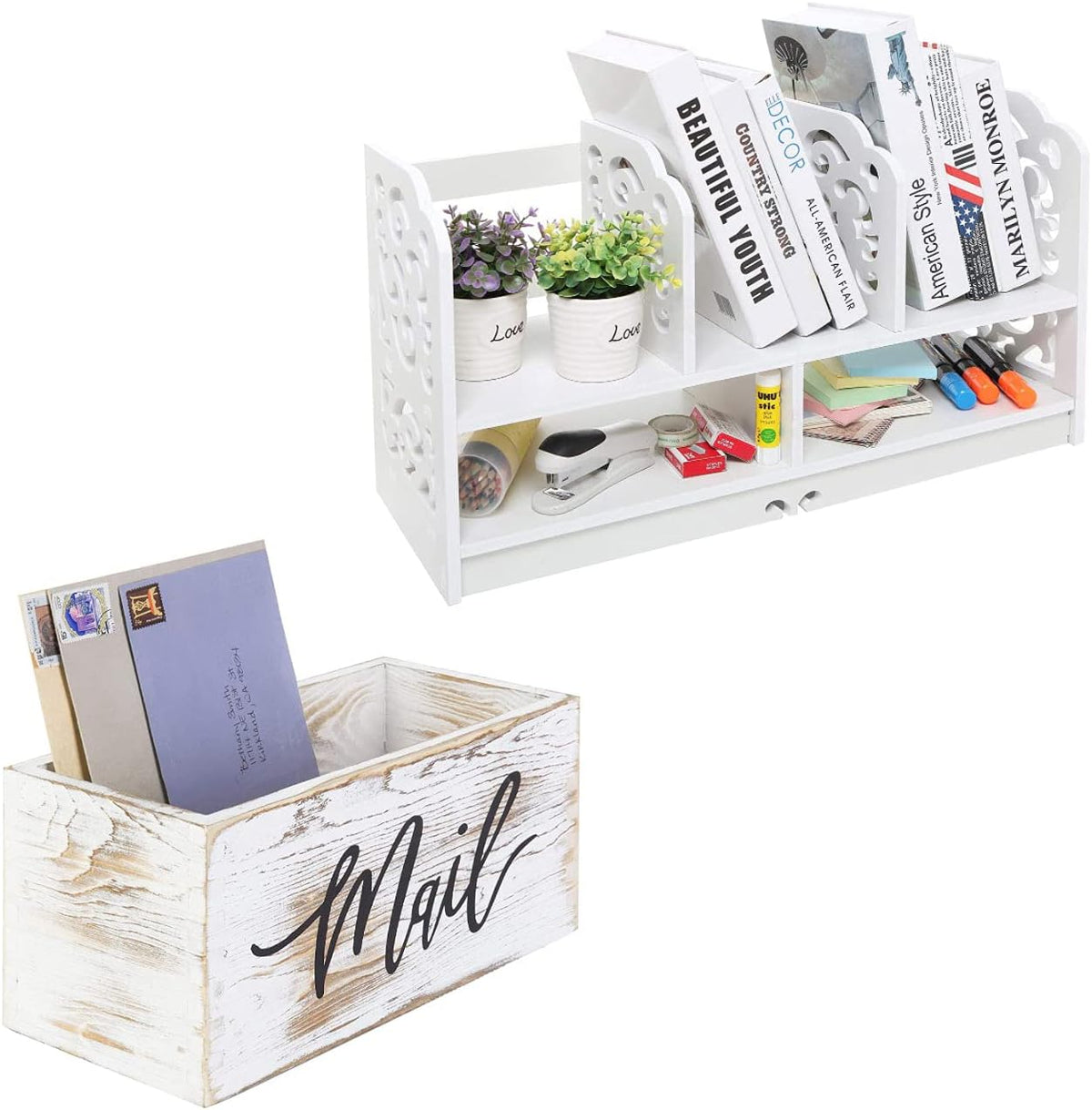 Whitewashed Wood Tabletop Mail Holder Box and 23 Inch Freestanding Book Case, 5 Compartments Display Shelf Rack, White Pack of 2 K7868