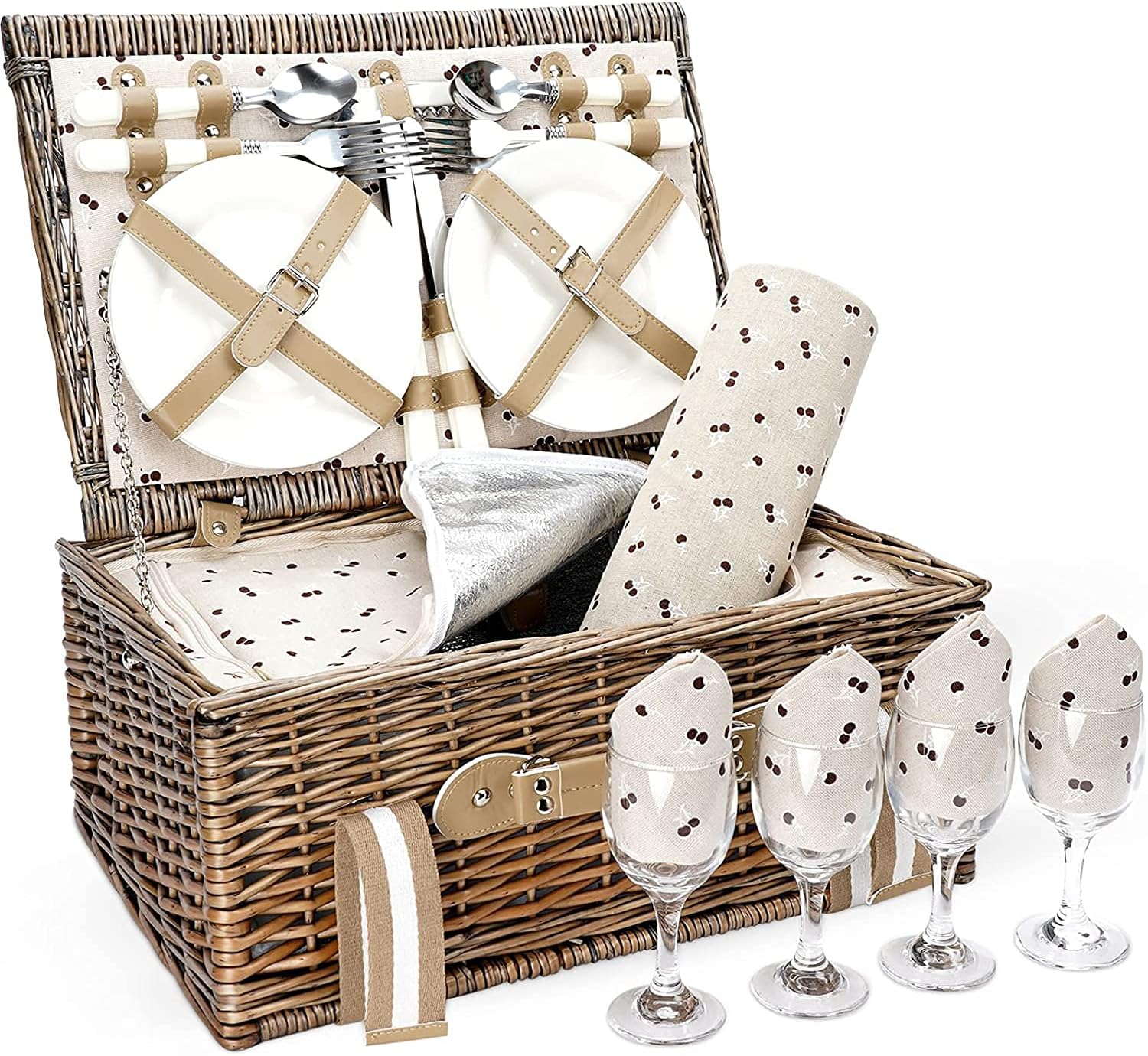 Wicker Picnic Basket Set with Insulated Cooler Bag and Waterproof Picnic Blanket P182
