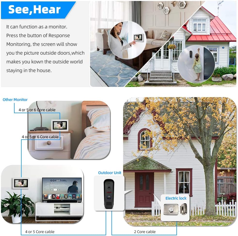 7 LCD Wired Video Doorbell Intercom System with IR Night Vision HD D908