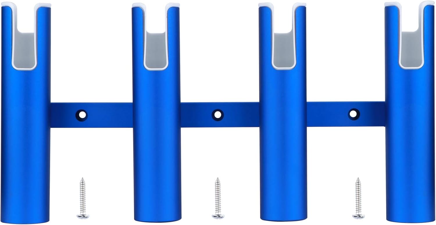 Blue Aluminium Fishing Rod Holder 4 Linked Tubes Wall-Mounted Rod Rack X767
