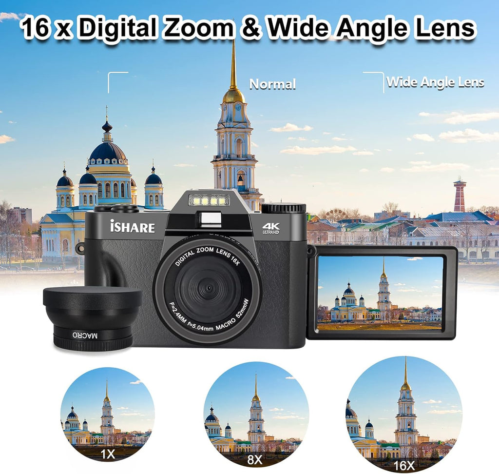 4K 48 MP WiFi Digital Camera with 16X Digital Zoom 3.0 Inch Flip Screen (32GB & 2 x Batteries) D686