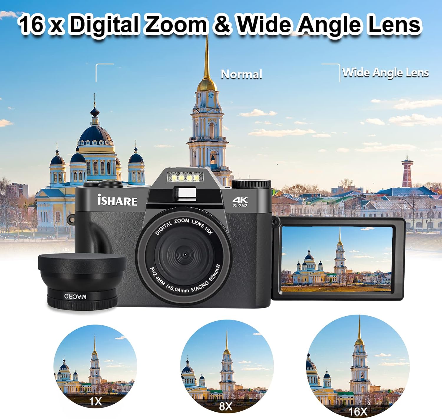 4K 48 MP WiFi Digital Camera with 16X Digital Zoom 3.0 Inch Flip Screen (32GB & 2 x Batteries) D686