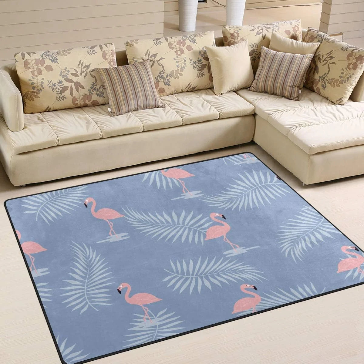 Pink Flamingo with Palm Leaves Lightweight Area Rug U886452