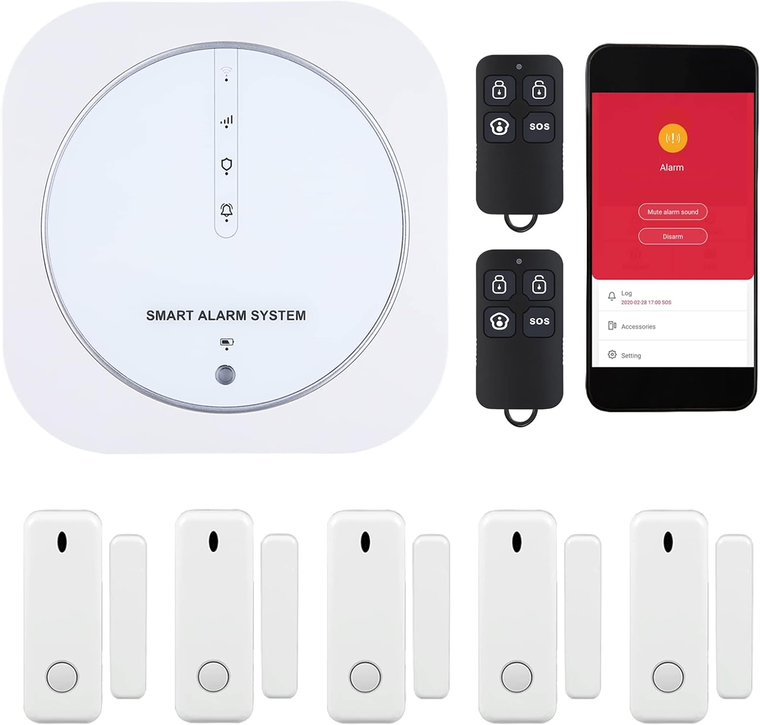 WiFi Door Alarm System, 8-Piece Kit with Hub Station, 5 Sensors, 2 Remotes Q303