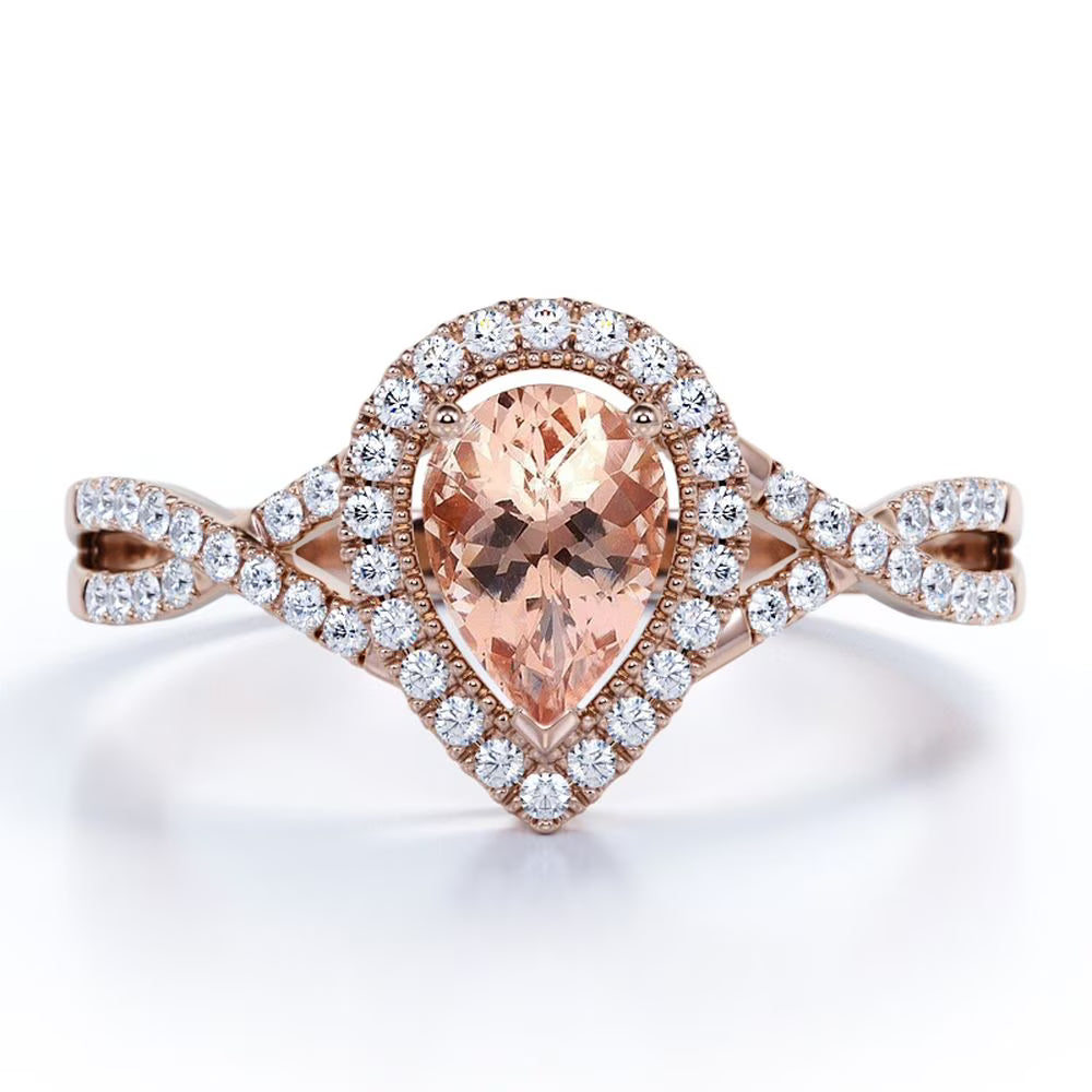 1.75 Carat Pear Cut Created Morganite and Moissanite Engagement Ring in 18k Gold Over Sterling Silver J542